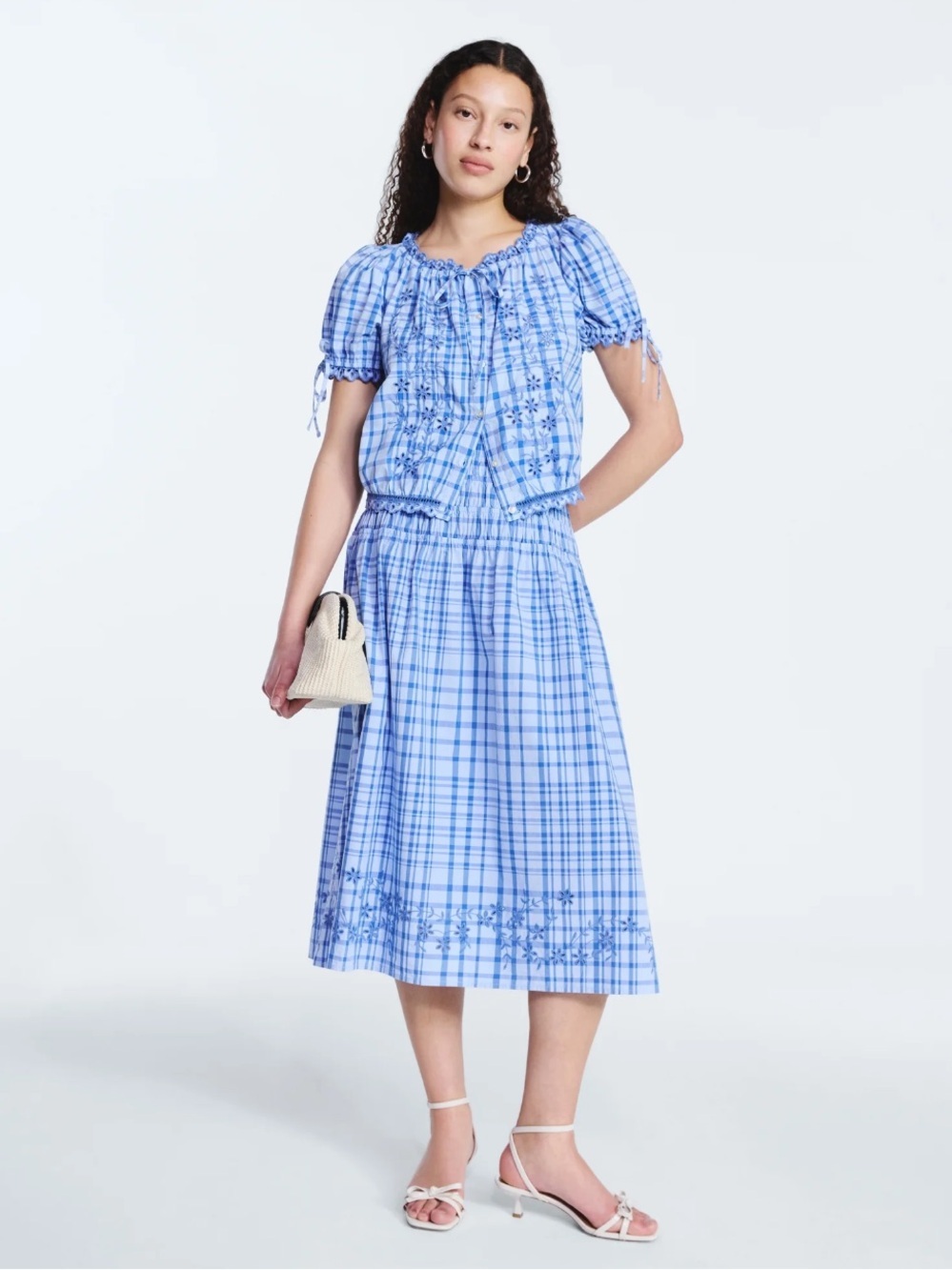 Blue Plaid Short-Sleeve Peasant Blouse